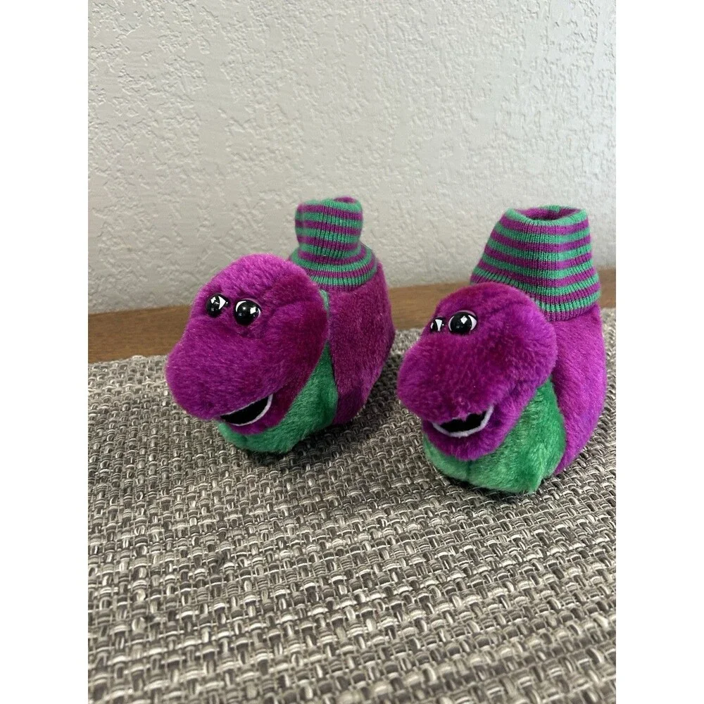 Vintage Barney The Dinosaur Slippers Plush 90s Kids Size 7-8 Purple Green 1993